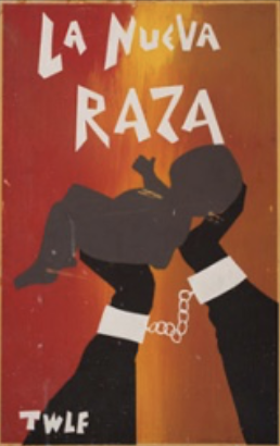 Poster of hand cuffed African American person holding an African American baby