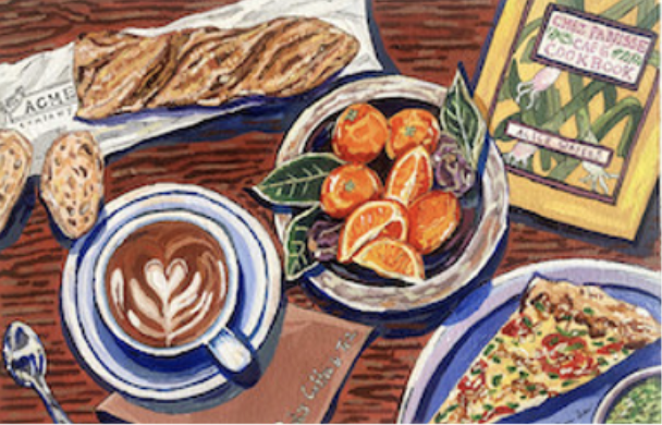 Colored illustration of “Berkeley Cuisine,” by Madeline Rohner (painted for the Berkeley Historical Society, 2020).