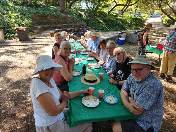 People at picnic table in park