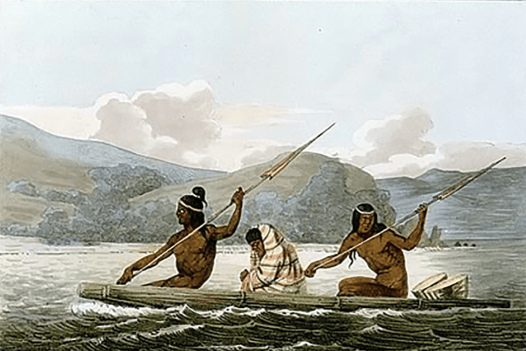 Painting of Ohlone Indians in a tule boat by Louis Choris, 1816