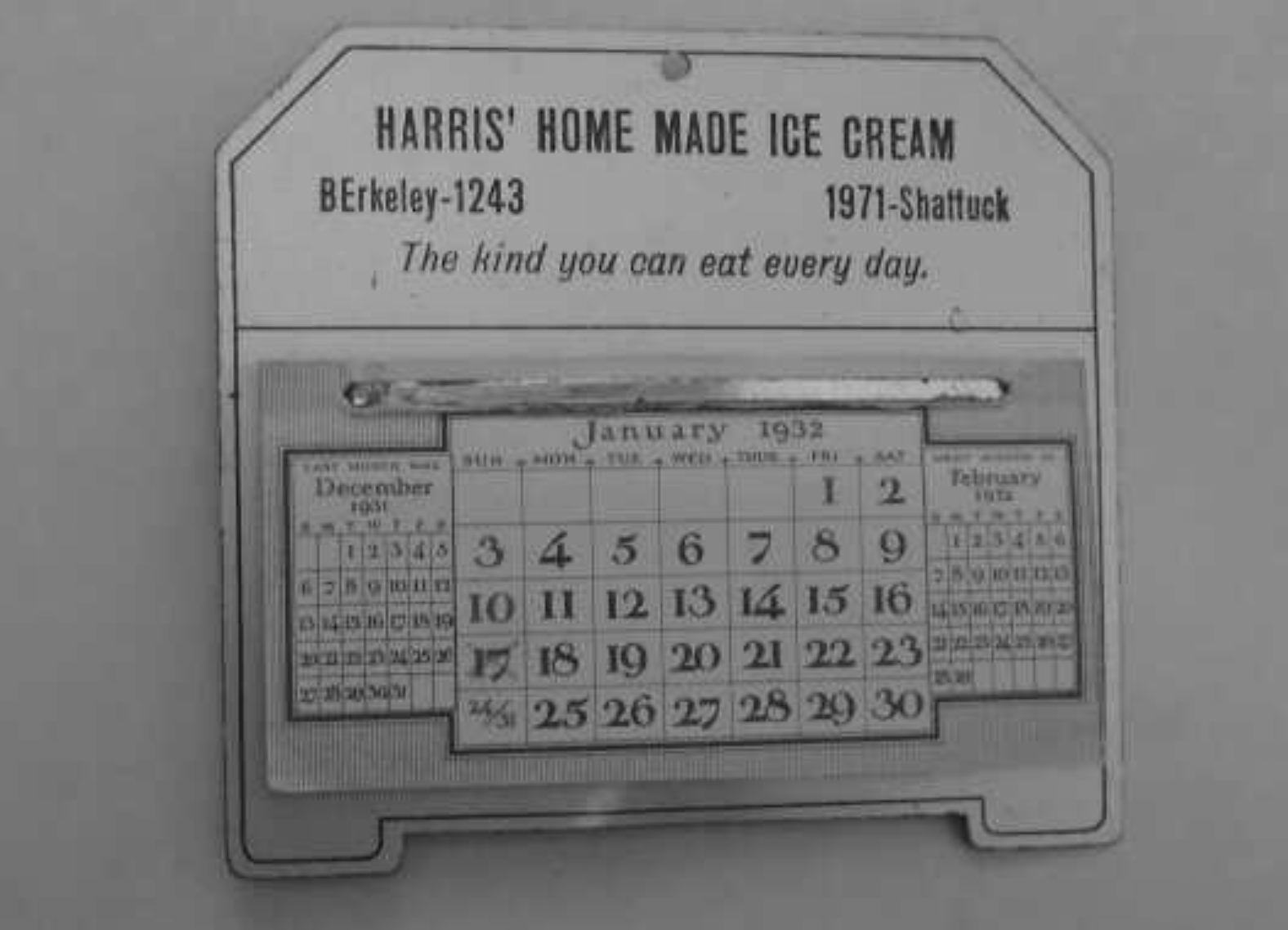 Link to Calendar over a picture of a 1932 Berkeley Business Promotional Calendar