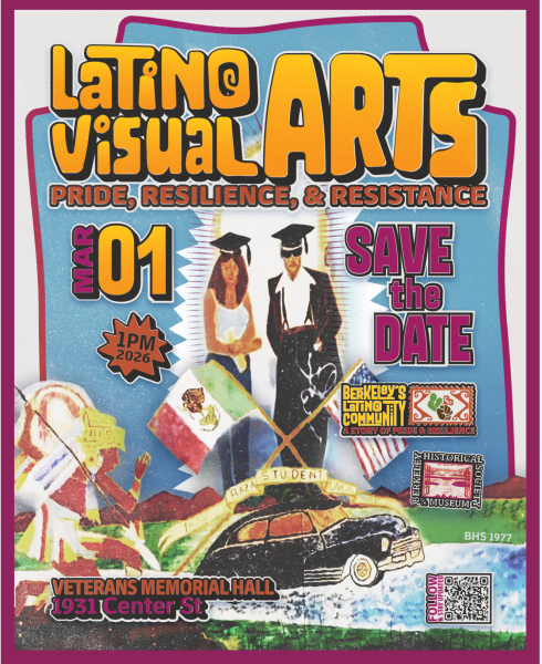 Promotional poster for the Latino Visual Arts event featuring the title 'LATINO VISUAL ARTS', the date 'MAR 01 2026', and a call to 'SAVE the DATE'. Images include figures in graduation attire and colorful background elements representing pride and community.